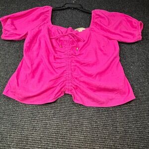 Michael Michael Kors Pink Linen Blend Ruched Front Puff Sleeve Blouse XL